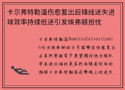 卡尔弗特勒温伤愈复出后锋线迷失进球效率持续低迷引发埃弗顿担忧